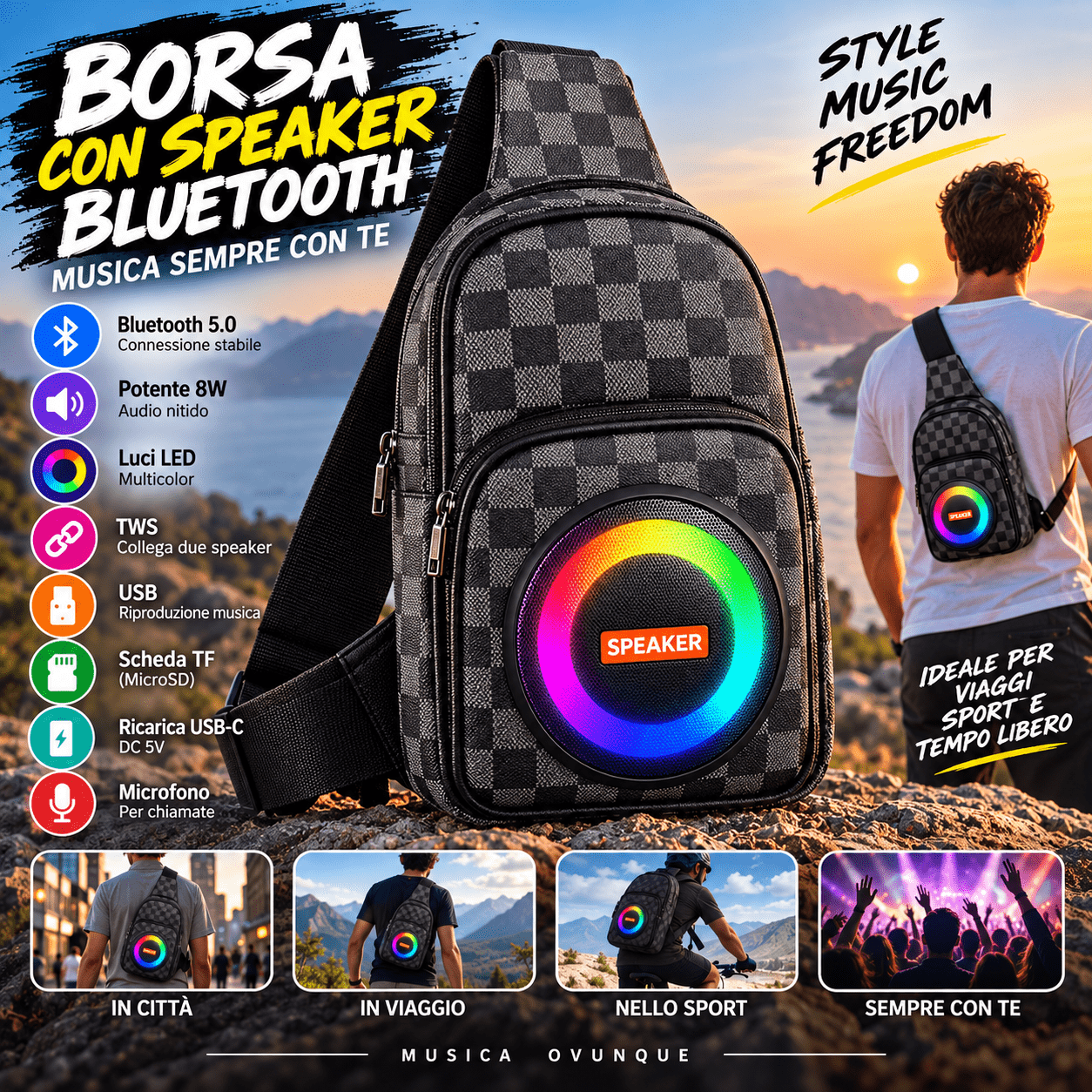 borsa monospalla con speaker bluetooth Borsa a Tracolla con Cassa Bluetooth 8W e Luci LED
